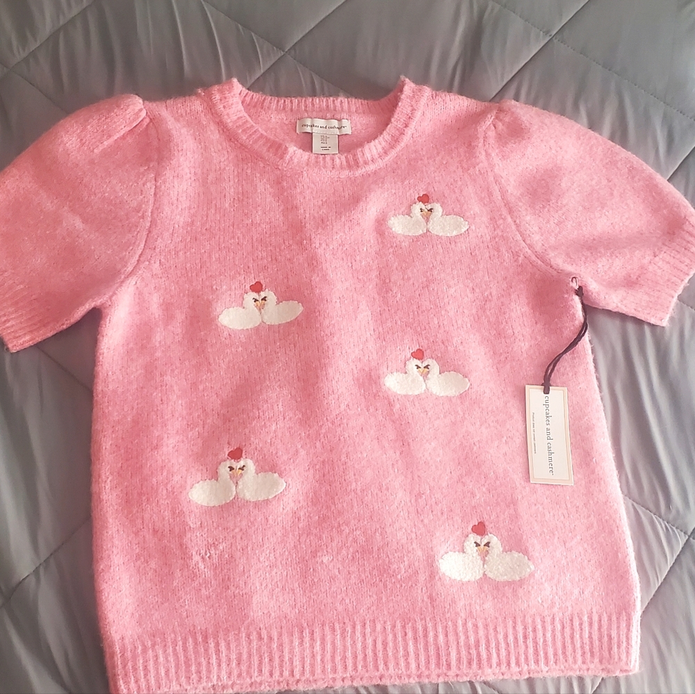 cupcakes & cashmere Pink Sweater with Swan Design
